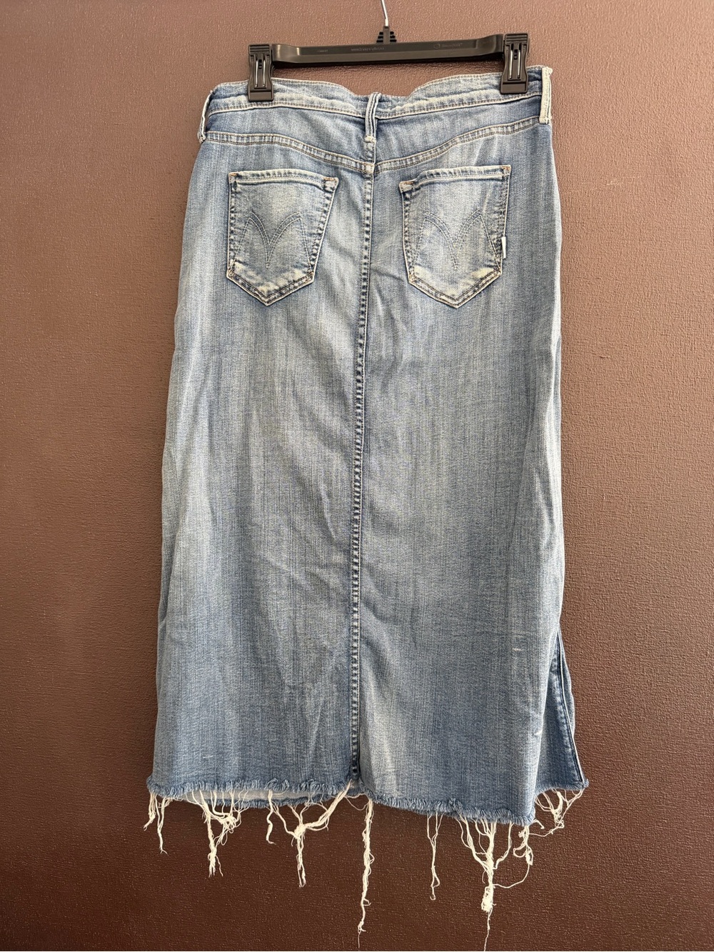 MOTHER Light Blue Distressed Denim Midi Skirt